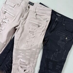 Lot of 2 Black Premium Men Moto Biker Distressed Slim Jeans 29x30 (Actual 29x28)